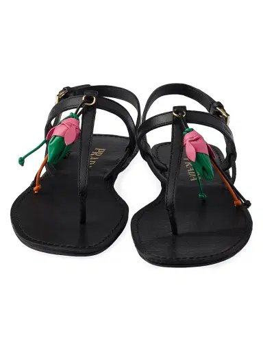 Prada Women's Antiqued Leather Thong Sandals with Floral Ornament - Black - Size 5.5 | Thumbnail 3