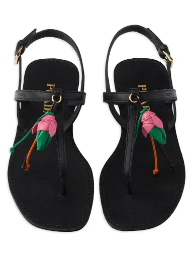 Prada Women's Antiqued Leather Thong Sandals with Floral Ornament - Black - Size 5.5 | Thumbnail 4
