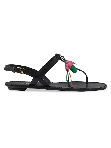 Prada Women's Antiqued Leather Thong Sandals with Floral Ornament - Black - Size 5.5 | Thumbnail 1