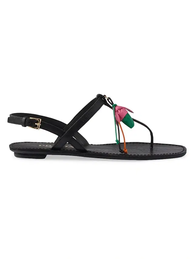 Prada Women's Antiqued Leather Thong Sandals with Floral Ornament - Black