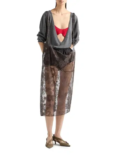 Prada Women's Chantilly Lace Midi-Skirt with Suspender Straps | Thumbnail 6