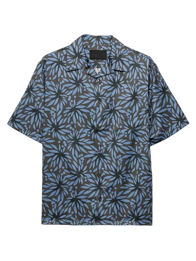 Prada Men's Printed Cotton Bowling Shirt - Blue Grey