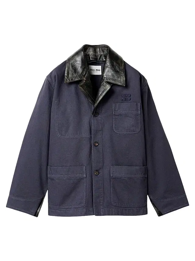 Miu Miu Women's Single-Breasted Garment-Dyed Gabardine and Leather Jacket - Grey