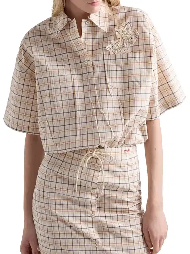 Prada Women's Embroidered Checked Poplin Top - Beige Khaki - Size 8 | Thumbnail 2