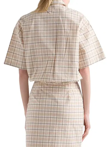 Prada Women's Embroidered Checked Poplin Top - Beige Khaki - Size 8 | Thumbnail 3