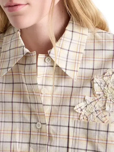 Prada Women's Embroidered Checked Poplin Top - Beige Khaki - Size 8 | Thumbnail 4