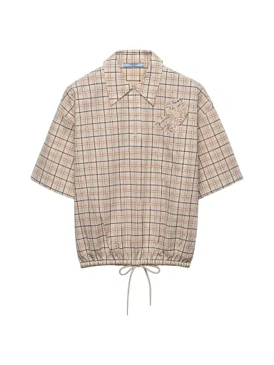 Prada Women's Embroidered Checked Poplin Top - Beige Khaki - Size 8 | Thumbnail 1
