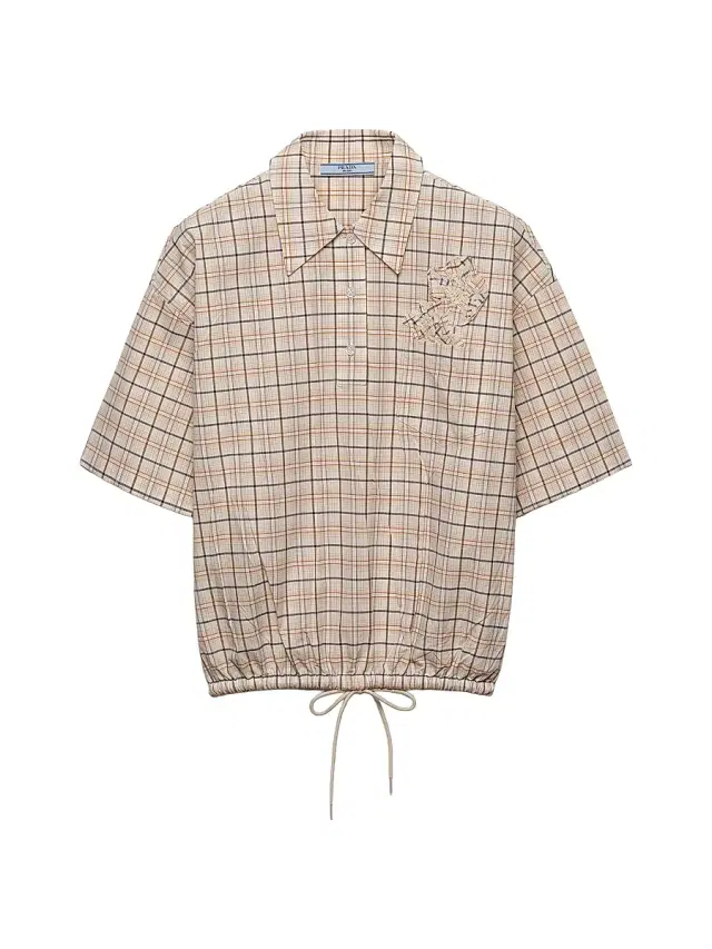 Women's Embroidered Checked Poplin Top - Beige Khaki