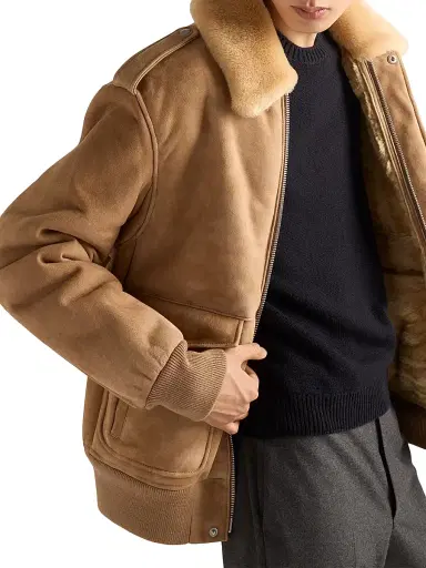 Prada Men's Suede and Shearling Bomber Jacket | Thumbnail 3 Prada Men's Suede and Shearling Bomber Jacket | Thumbnail 3
