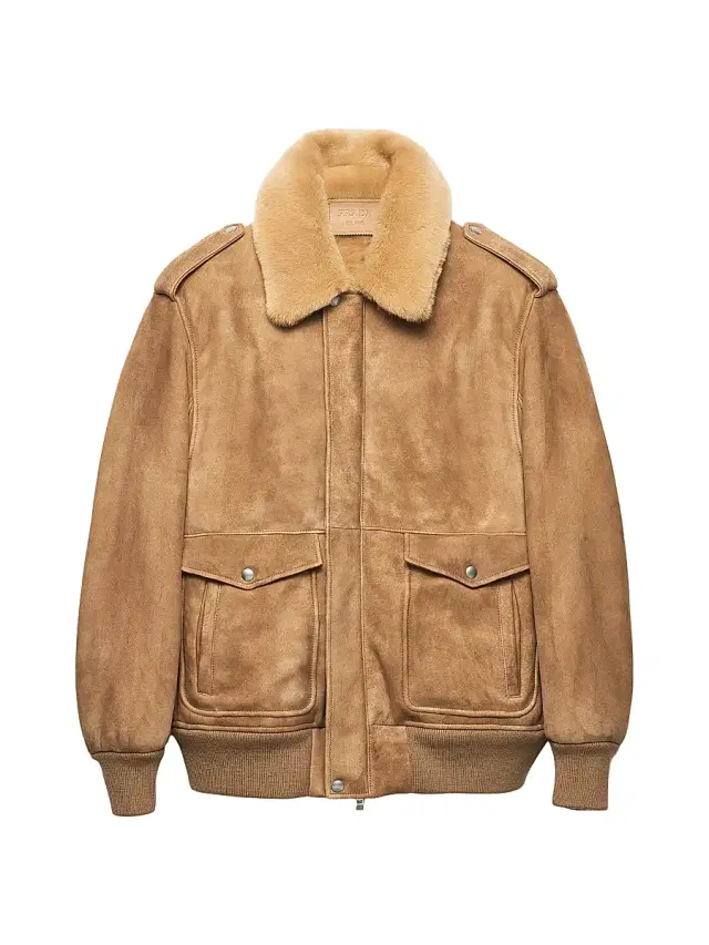Men's Suede and Shearling Bomber Jacket - Beige Khaki