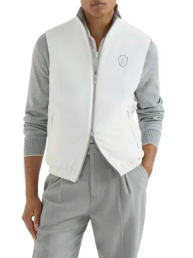 Brunello Cucinelli Men's Bonded Nylon Reversible Vest with Logo - Off White | Thumbnail 2 Brunello Cucinelli Men's Bonded Nylon Reversible Vest with Logo - Off White | Thumbnail 2
