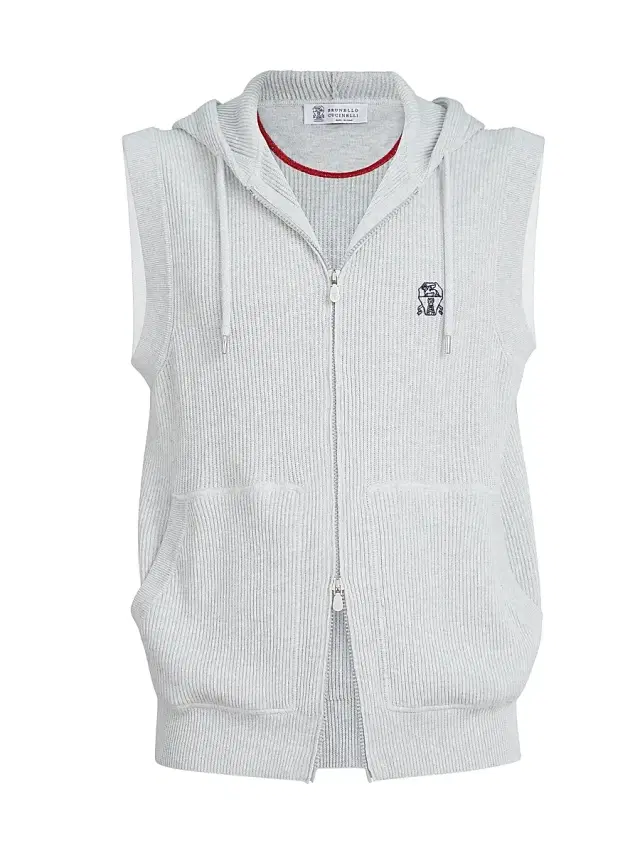 Brunello Cucinelli Men's Cotton English Rib Knit Hooded Vest with Logo and Zipper - Fog