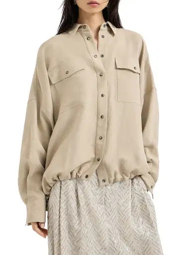 Brunello Cucinelli Women's Viscose and Linen Fluid Twill Shirt - Sand - Size XXS | Thumbnail 2 Brunello Cucinelli Women's Viscose and Linen Fluid Twill Shirt - Sand - Size XXS | Thumbnail 2
