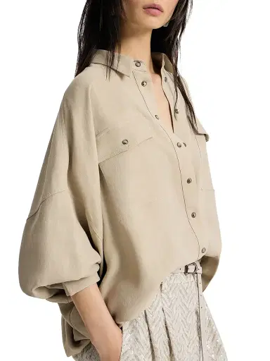 Brunello Cucinelli Women's Viscose and Linen Fluid Twill Shirt - Sand - Size XXS | Thumbnail 5 Brunello Cucinelli Women's Viscose and Linen Fluid Twill Shirt - Sand - Size XXS | Thumbnail 5
