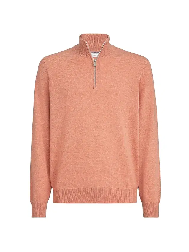 Brunello Cucinelli Men's Cashmere Sweater with Half Zip - Apricot