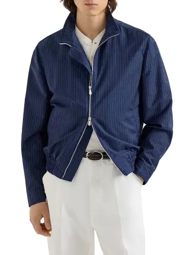 Brunello Cucinelli Men's Wool and Mohair Pinstripe Fresco Outerwear Jacket with Stand Collar | Thumbnail 2 Brunello Cucinelli Men's Wool and Mohair Pinstripe Fresco Outerwear Jacket with Stand Collar | Thumbnail 2