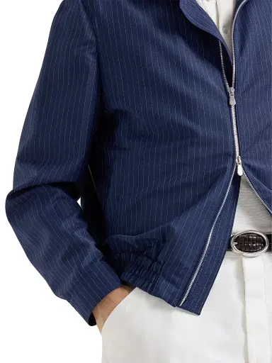 Brunello Cucinelli Men's Wool and Mohair Pinstripe Fresco Outerwear Jacket with Stand Collar | Thumbnail 4 Brunello Cucinelli Men's Wool and Mohair Pinstripe Fresco Outerwear Jacket with Stand Collar | Thumbnail 4