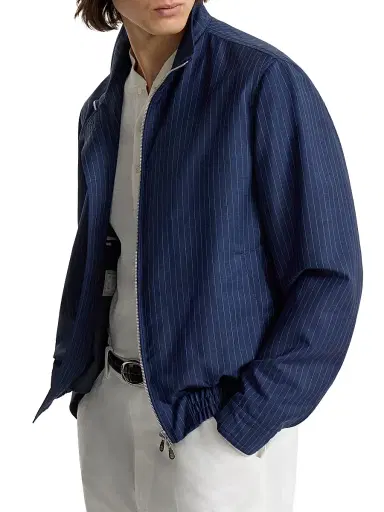 Brunello Cucinelli Men's Wool and Mohair Pinstripe Fresco Outerwear Jacket with Stand Collar | Thumbnail 5 Brunello Cucinelli Men's Wool and Mohair Pinstripe Fresco Outerwear Jacket with Stand Collar | Thumbnail 5