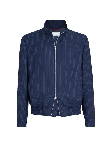 Brunello Cucinelli Men's Wool and Mohair Pinstripe Fresco Outerwear Jacket with Stand Collar | Thumbnail 1 Brunello Cucinelli Men's Wool and Mohair Pinstripe Fresco Outerwear Jacket with Stand Collar | Thumbnail 1