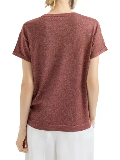 Brunello Cucinelli Women's Sparkling Cashmere and Silk Lightweight Knit T-Shirt - Orange | Thumbnail 3