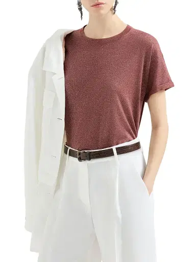Brunello Cucinelli Women's Sparkling Cashmere and Silk Lightweight Knit T-Shirt - Orange | Thumbnail 5