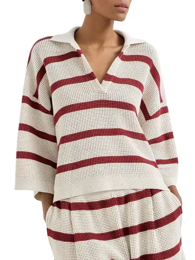 Brunello Cucinelli Women's Cotton Striped Net Knit Polo Shirt - Bordeaux | Thumbnail 2 Brunello Cucinelli Women's Cotton Striped Net Knit Polo Shirt - Bordeaux | Thumbnail 2