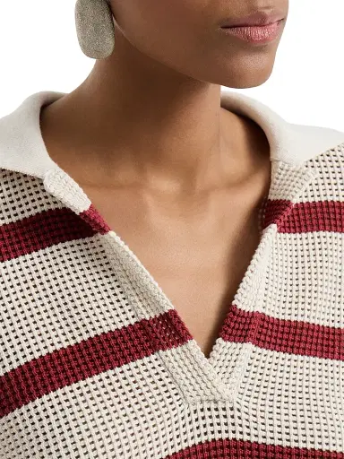 Brunello Cucinelli Women's Cotton Striped Net Knit Polo Shirt - Bordeaux | Thumbnail 4 Brunello Cucinelli Women's Cotton Striped Net Knit Polo Shirt - Bordeaux | Thumbnail 4