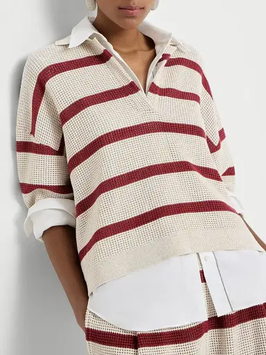 Brunello Cucinelli Women's Cotton Striped Net Knit Polo Shirt - Bordeaux | Thumbnail 5 Brunello Cucinelli Women's Cotton Striped Net Knit Polo Shirt - Bordeaux | Thumbnail 5