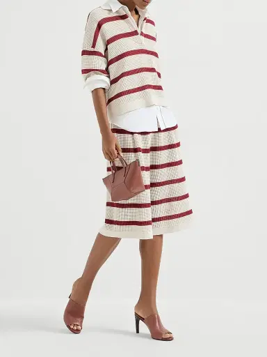 Brunello Cucinelli Women's Cotton Striped Net Knit Polo Shirt - Bordeaux | Thumbnail 6 Brunello Cucinelli Women's Cotton Striped Net Knit Polo Shirt - Bordeaux | Thumbnail 6