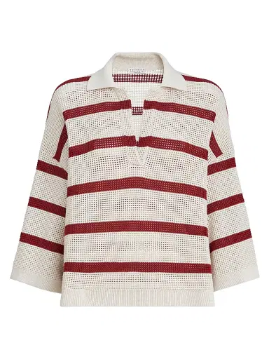 Brunello Cucinelli Women's Cotton Striped Net Knit Polo Shirt - Bordeaux | Thumbnail 1 Brunello Cucinelli Women's Cotton Striped Net Knit Polo Shirt - Bordeaux | Thumbnail 1