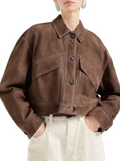 Brunello Cucinelli Women's Couture Suede Cropped Outerwear Jacket with Monili | Thumbnail 2 Brunello Cucinelli Women's Couture Suede Cropped Outerwear Jacket with Monili | Thumbnail 2