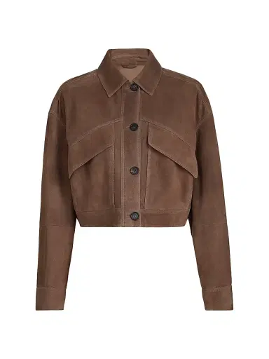 Brunello Cucinelli Women's Couture Suede Cropped Outerwear Jacket with Monili | Thumbnail 1 Brunello Cucinelli Women's Couture Suede Cropped Outerwear Jacket with Monili | Thumbnail 1