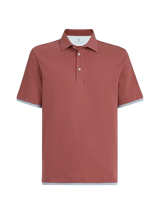 Brunello Cucinelli Men's Cotton Piqué Shirt Style Collar Polo with Faux Layering - Coral