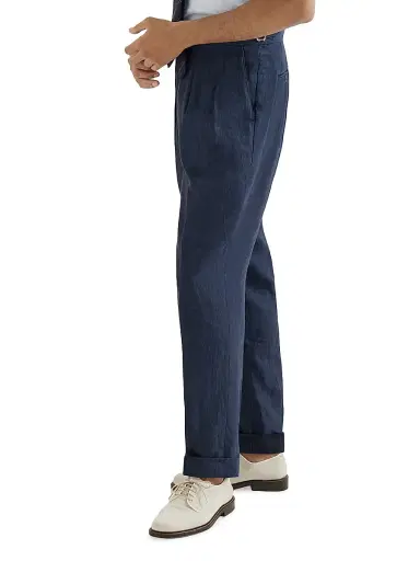 Brunello Cucinelli Men's Lightweight Délavé Linen Trousers with Reversed Double Pleats | Thumbnail 3 Brunello Cucinelli Men's Lightweight Délavé Linen Trousers with Reversed Double Pleats | Thumbnail 3