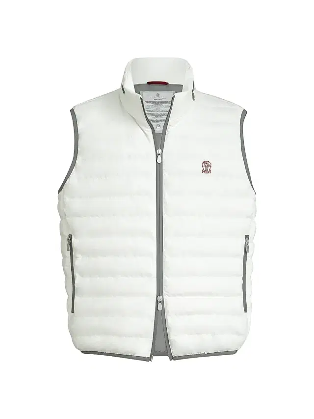Brunello Cucinelli Men's Bonded Nylon Down Vest with Logo and Packable Hood - Off White