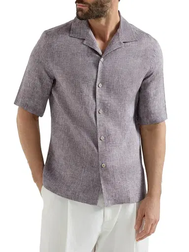 Brunello Cucinelli Men's Linen Easy Fit Short Sleeve Shirt with Camp Collar | Thumbnail 2 Brunello Cucinelli Men's Linen Easy Fit Short Sleeve Shirt with Camp Collar | Thumbnail 2