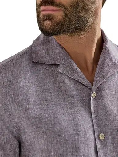 Brunello Cucinelli Men's Linen Easy Fit Short Sleeve Shirt with Camp Collar | Thumbnail 4 Brunello Cucinelli Men's Linen Easy Fit Short Sleeve Shirt with Camp Collar | Thumbnail 4