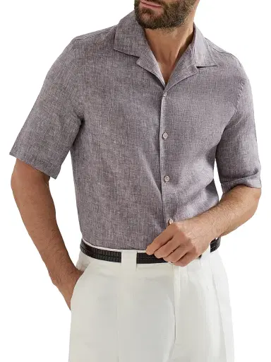 Brunello Cucinelli Men's Linen Easy Fit Short Sleeve Shirt with Camp Collar | Thumbnail 5 Brunello Cucinelli Men's Linen Easy Fit Short Sleeve Shirt with Camp Collar | Thumbnail 5