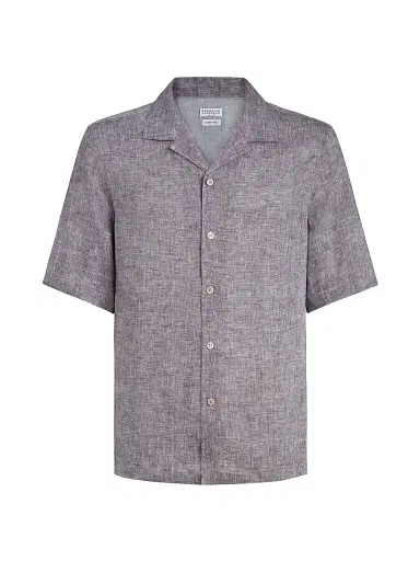 Brunello Cucinelli Men's Linen Easy Fit Short Sleeve Shirt with Camp Collar | Thumbnail 1 Brunello Cucinelli Men's Linen Easy Fit Short Sleeve Shirt with Camp Collar | Thumbnail 1