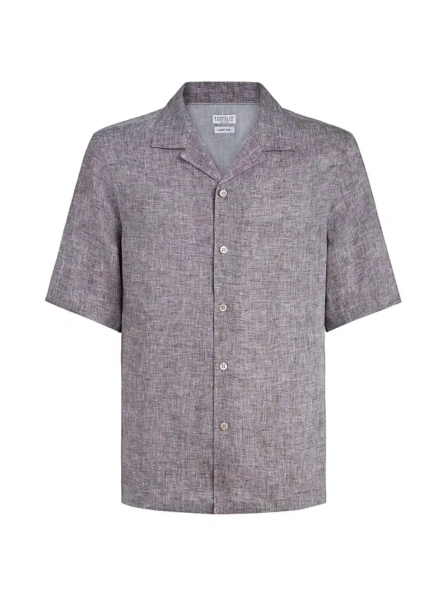 Brunello Cucinelli Men's Linen Easy Fit Short Sleeve Shirt with Camp Collar - Hazelnut