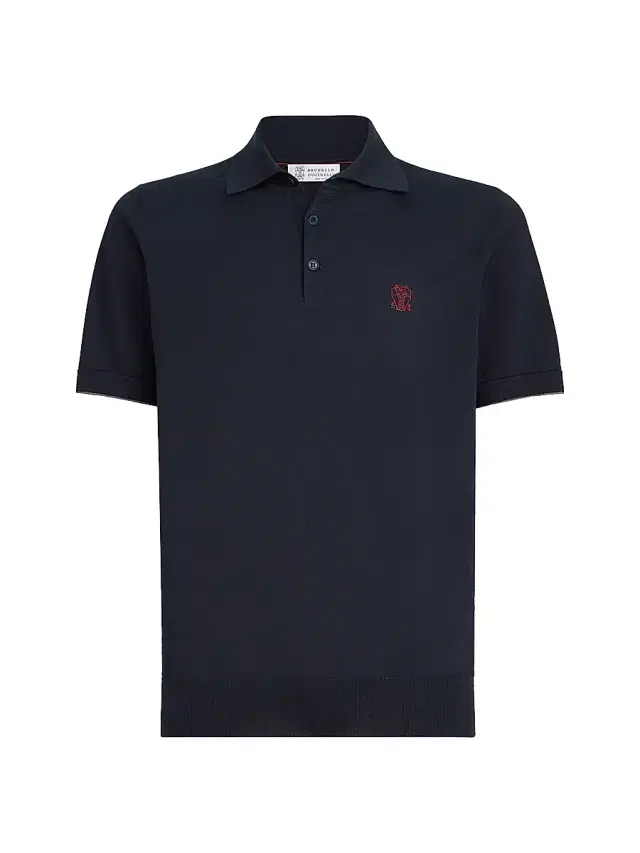 Brunello Cucinelli Men's Cotton Lightweight Knit Polo Shirt with Logo - Navy Blue