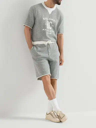 Brunello Cucinelli Men's Cotton and Linen Mélange French Terry Short Sleeve Sweatshirt - Grey | Thumbnail 6 Brunello Cucinelli Men's Cotton and Linen Mélange French Terry Short Sleeve Sweatshirt - Grey | Thumbnail 6
