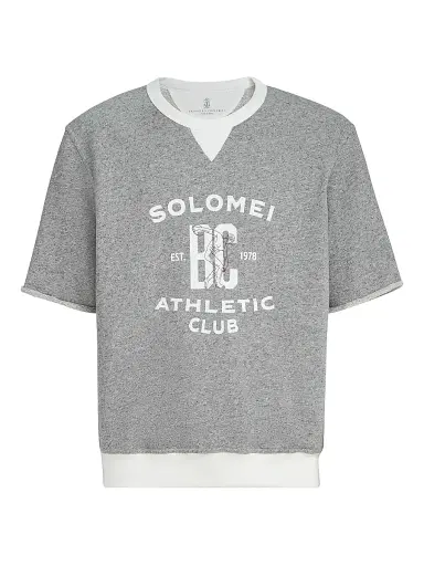 Brunello Cucinelli Men's Cotton and Linen Mélange French Terry Short Sleeve Sweatshirt - Grey | Thumbnail 1 Brunello Cucinelli Men's Cotton and Linen Mélange French Terry Short Sleeve Sweatshirt - Grey | Thumbnail 1