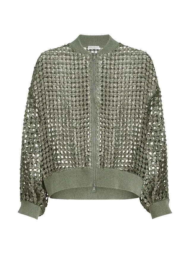 Brunello Cucinelli Women's Dazzling Net Embroidery Cardigan in Silk and Linen - Green