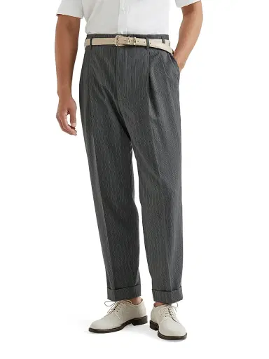 Brunello Cucinelli Men's Striped Pattern Virgin Wool Fresco Trousers with Double Pleats | Thumbnail 2 Brunello Cucinelli Men's Striped Pattern Virgin Wool Fresco Trousers with Double Pleats | Thumbnail 2