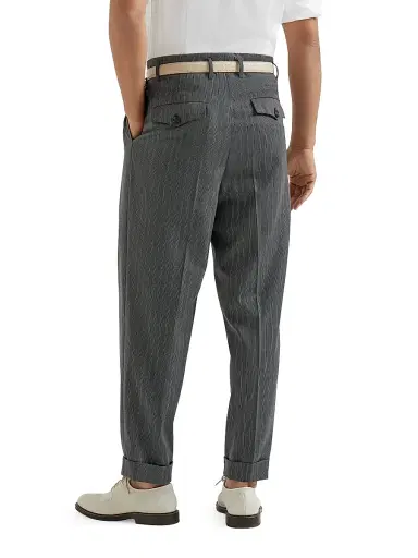 Brunello Cucinelli Men's Striped Pattern Virgin Wool Fresco Trousers with Double Pleats | Thumbnail 3 Brunello Cucinelli Men's Striped Pattern Virgin Wool Fresco Trousers with Double Pleats | Thumbnail 3