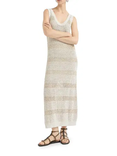 Brunello Cucinelli Women's Cotton Net Knit Dress with Dazzling Stripes | Thumbnail 2