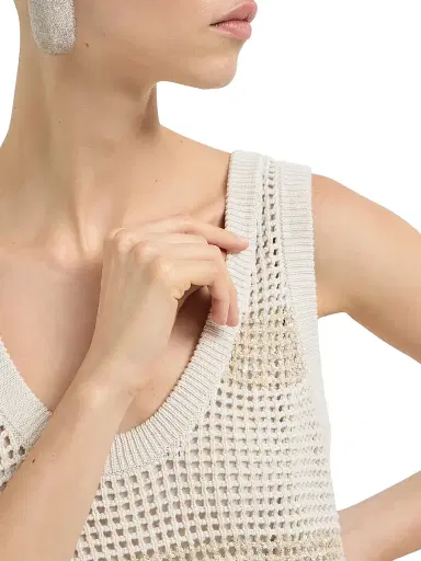 Brunello Cucinelli Women's Cotton Net Knit Dress with Dazzling Stripes | Thumbnail 4