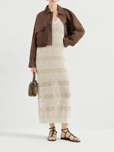 Brunello Cucinelli Women's Cotton Net Knit Dress with Dazzling Stripes | Thumbnail 6