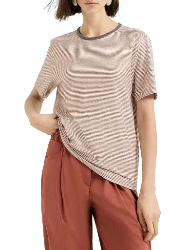 Brunello Cucinelli Women's Striped Linen Jersey T-Shirt with Shiny Trim - Orange | Thumbnail 2